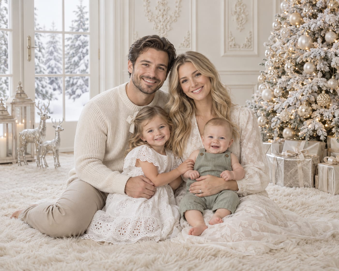 Christmas set concept: a family of four in cream and sage sitting on a soft cream rug in front of a champagne Christmas tree, with lanterns, silver reindeer and wrapped gifts by a snowy window