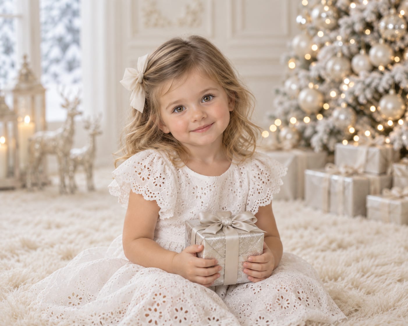Illustrative styling: a young girl in a white lace dress holding a silver-wrapped gift on a cream rug, with a lit champagne tree behind her