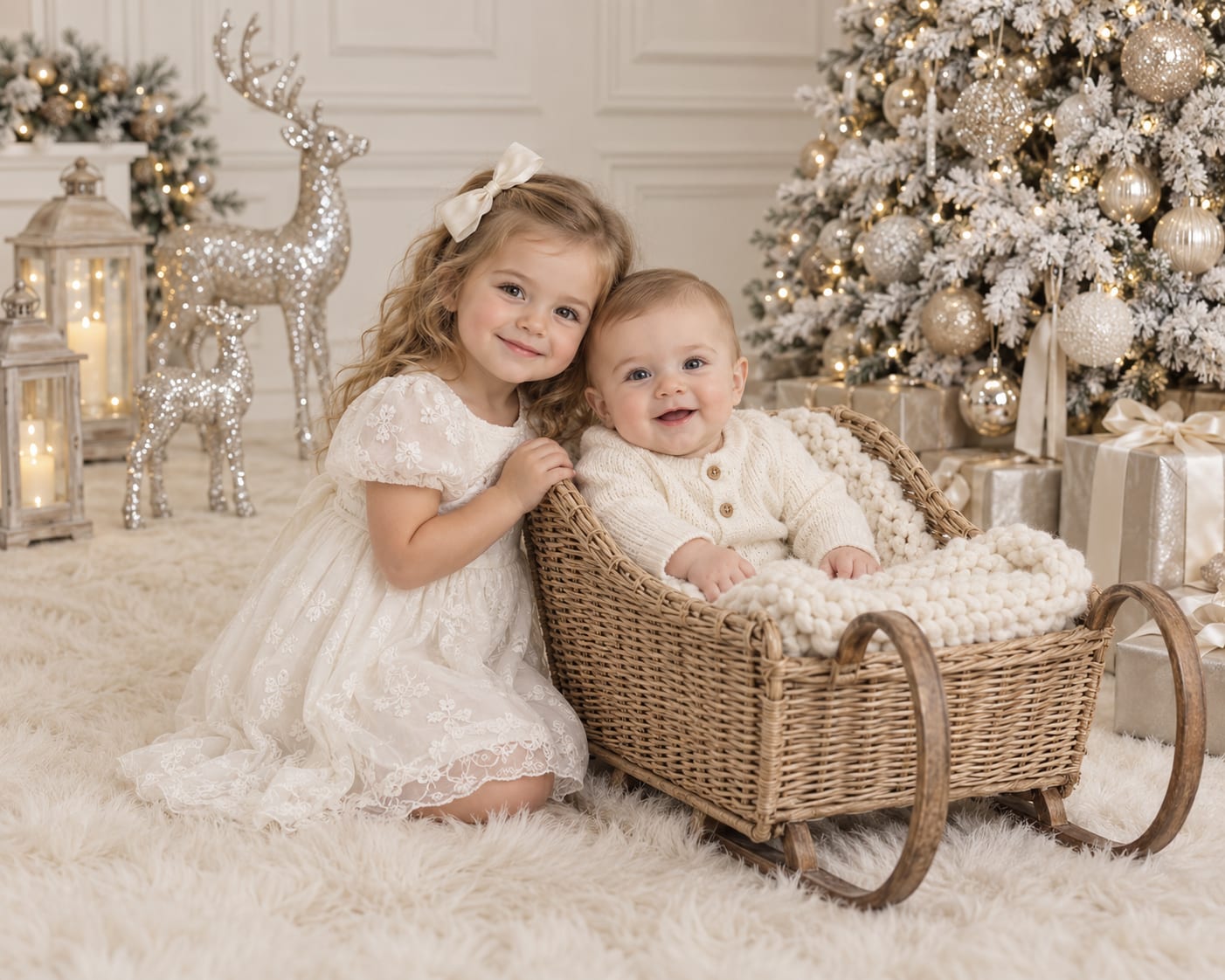 Illustrative styling: a girl kneeling beside her baby brother in a wicker sleigh, with lanterns, silver reindeer and a champagne Christmas tree