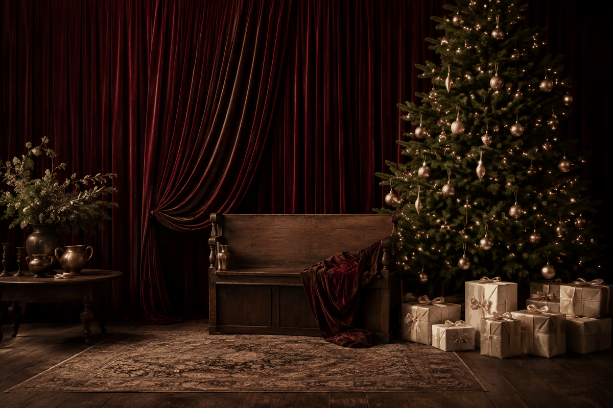 Christmas set concept: oxblood velvet curtains, a wooden bench and a tree strung with softly twinkling warm lights